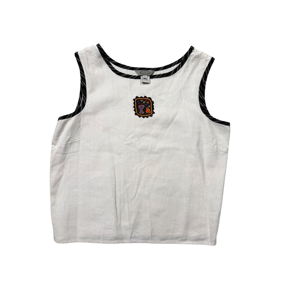 Vintage Stonebridge White Linen Tank Top Wine Embroidery Artsy Coastal L